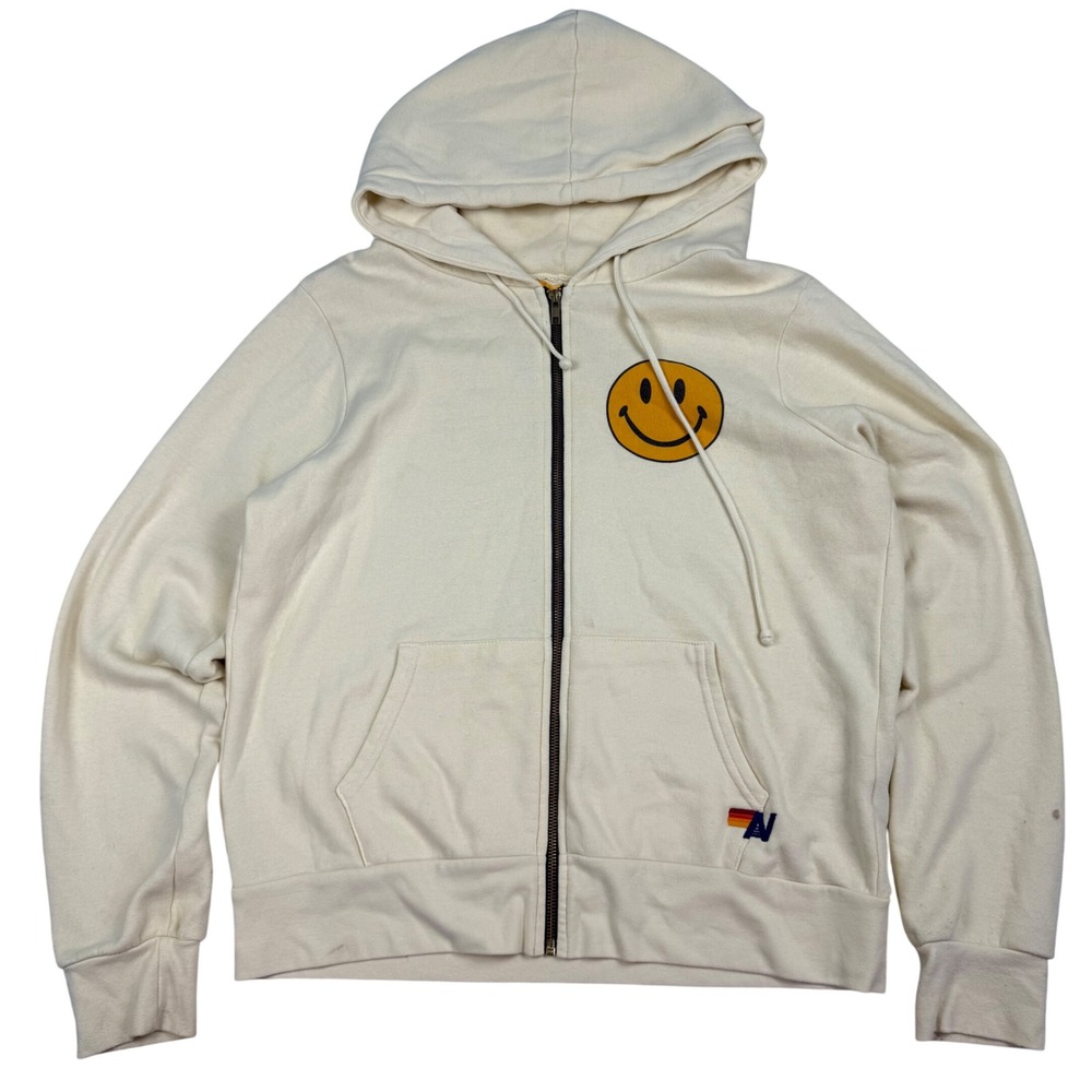 Aviator Nation Smiley Face Zip Up Hoodie Cream Off White Large California Made